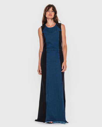 Denim Maxi Dress with Contrast Side Lines
