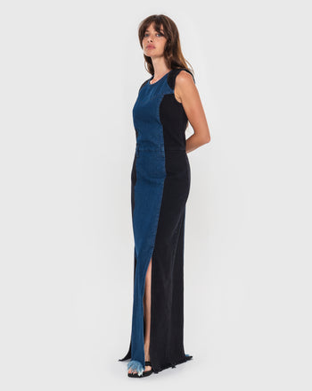 Denim Maxi Dress with Contrast Side Lines