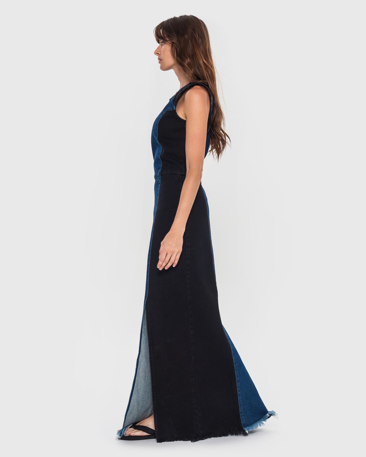 Denim Maxi Dress with Contrast Side Lines