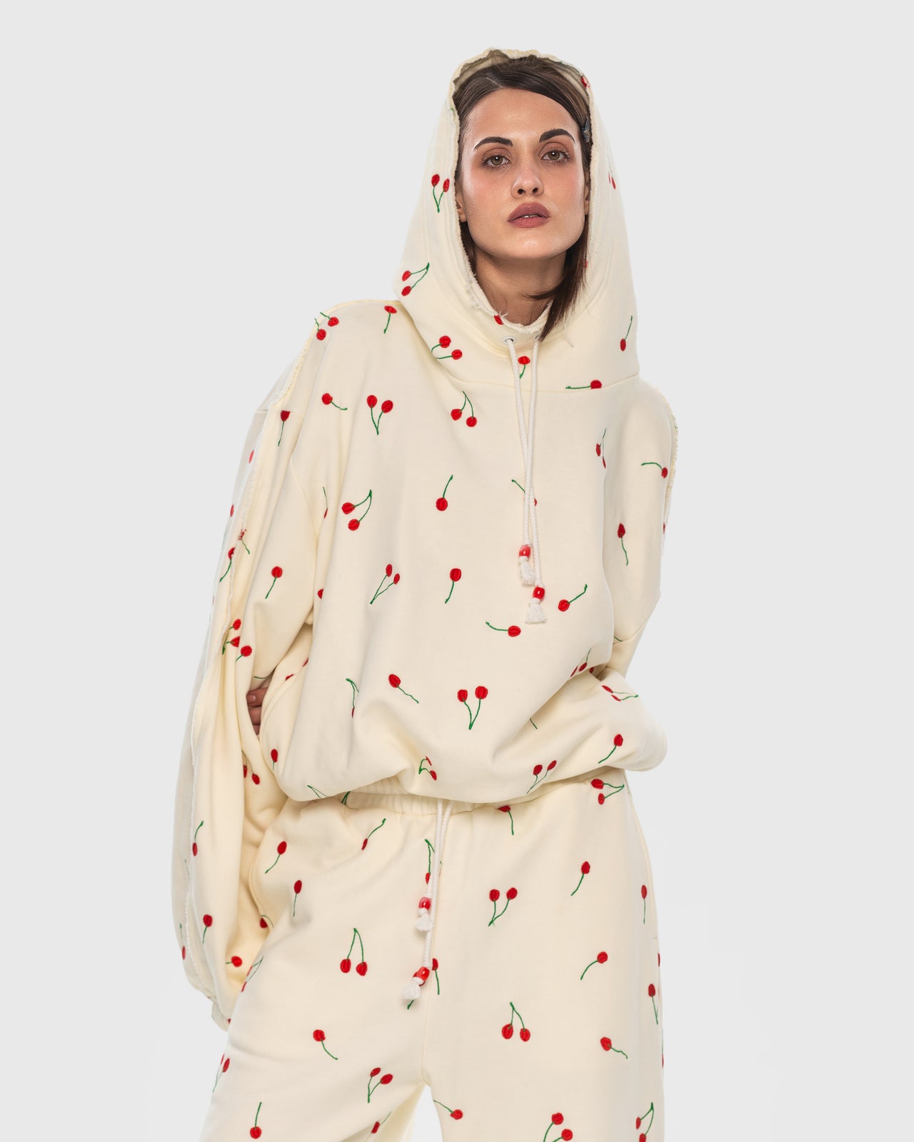 Hoodie with Embroidered Cherries