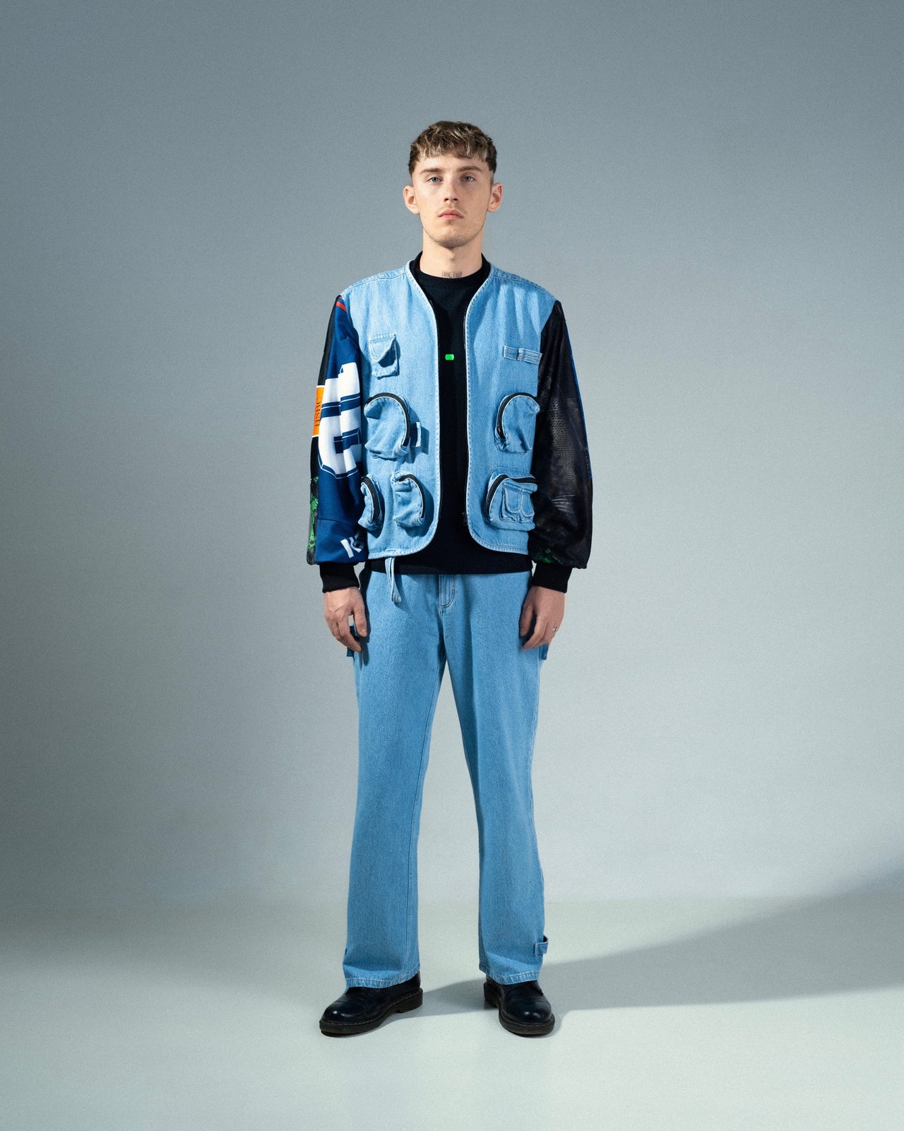 Buy Reworked Denim Jacket with Vintage Sports Sleeves – Outerwear by Ksenia Schnaider | Ethical & Sustainable Fashion