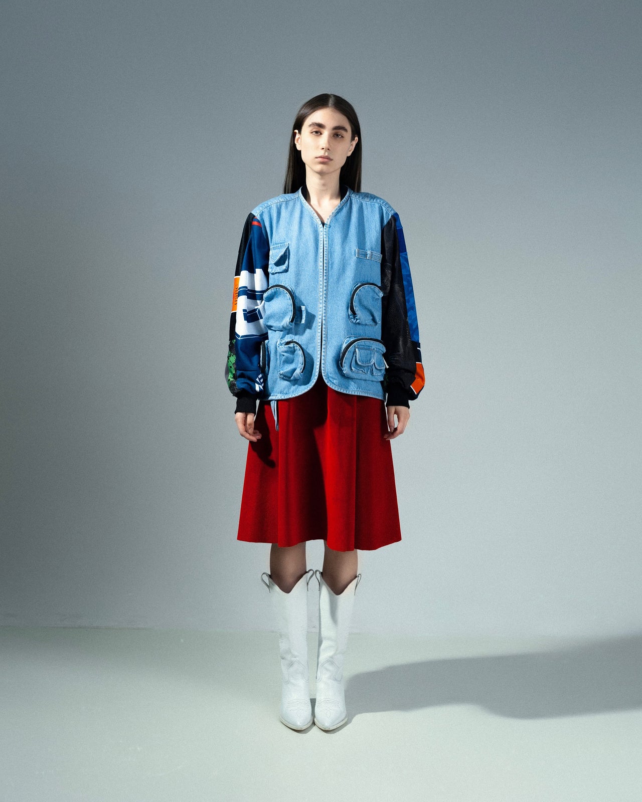 Buy Reworked Denim Jacket with Vintage Sports Sleeves – Outerwear by Ksenia Schnaider | Ethical & Sustainable Fashion