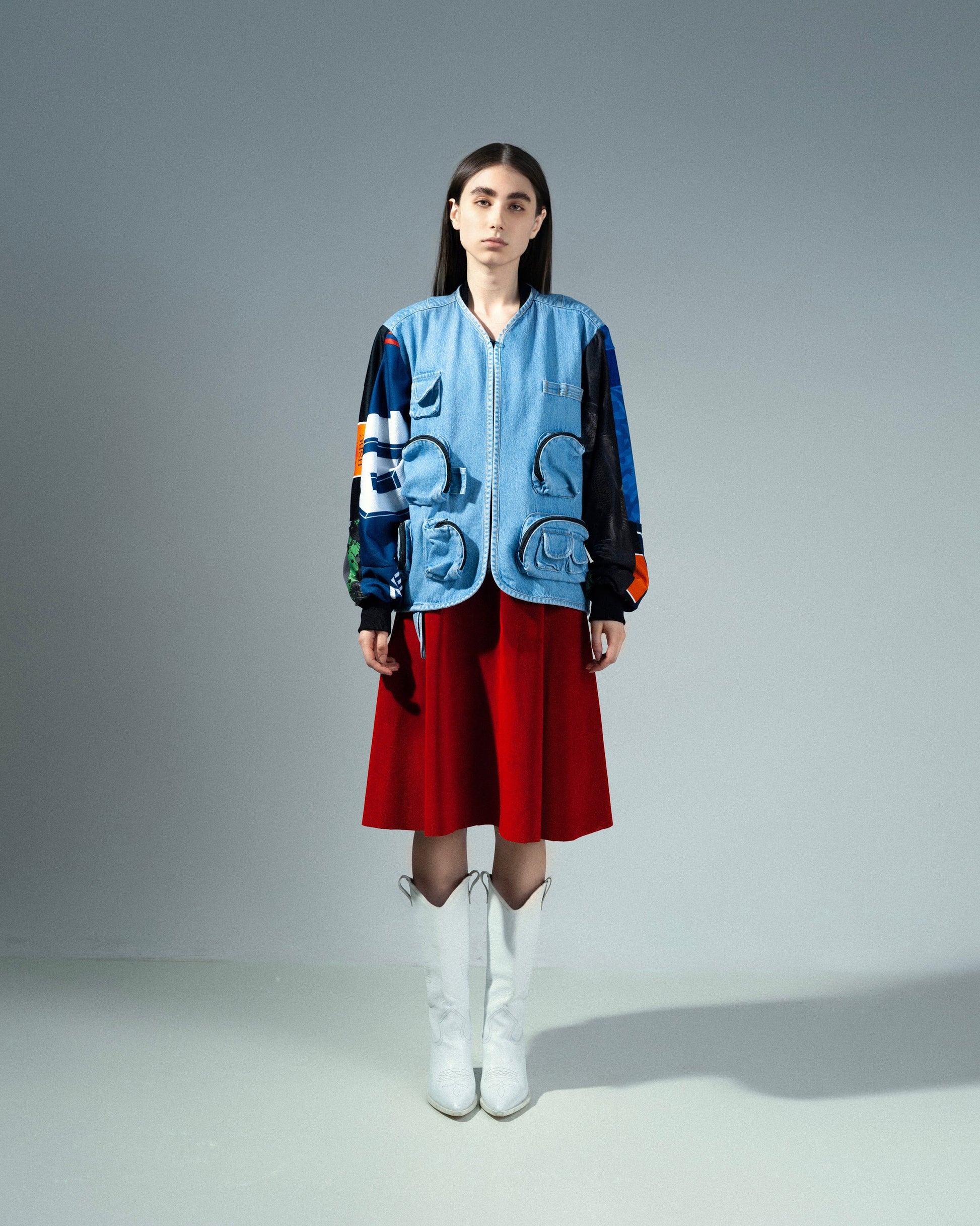 Buy Reworked Denim Jacket with Vintage Sports Sleeves – Outerwear by Ksenia Schnaider | Ethical & Sustainable Fashion