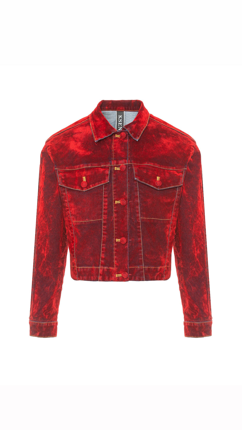 Denim Jacket Covered in Red Velours image