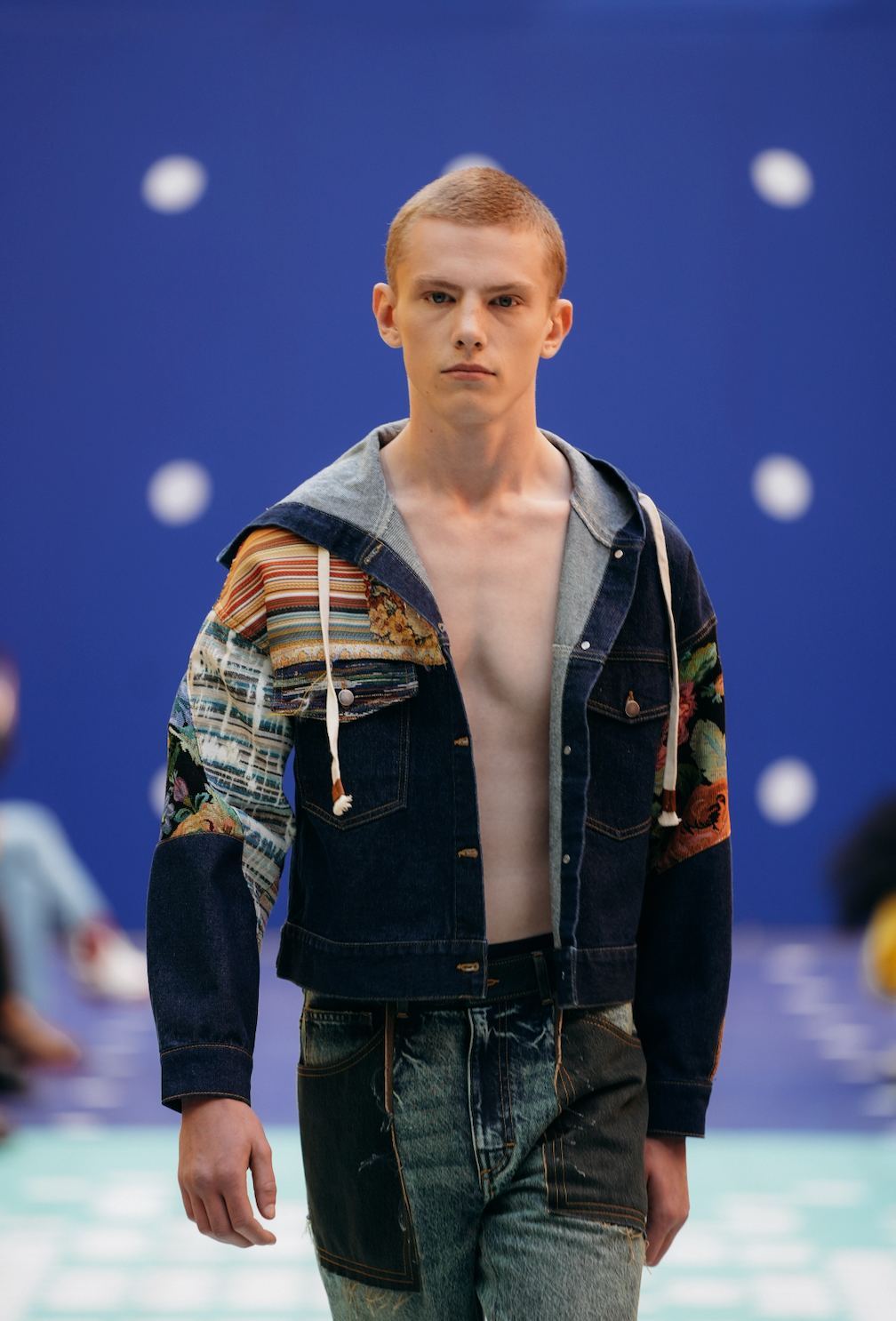 Hooded Tapestry Patchwork Denim Jacket
