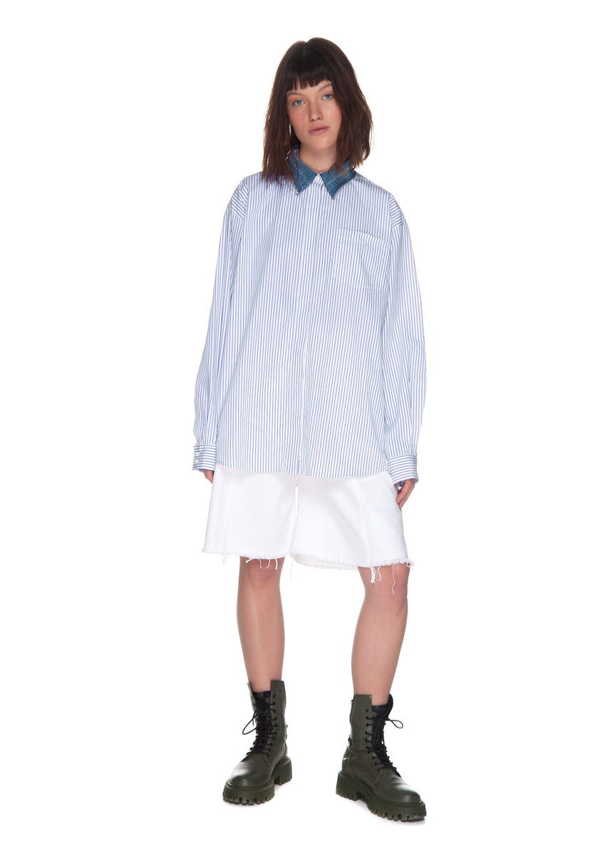Striped Oversized Shirt with Denim Collar image