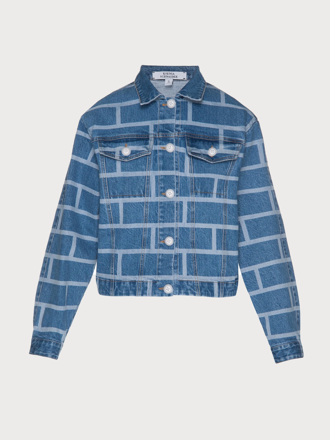 Buy Denim Jacket with Brick Print – Outerwear by Ksenia Schnaider | Ethical & Sustainable Fashion