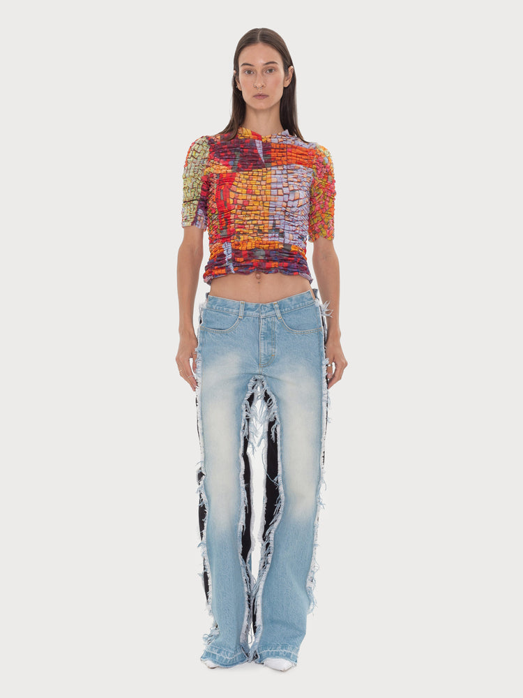 Front-Vintage Effect Jeans With Contrast Side Panels