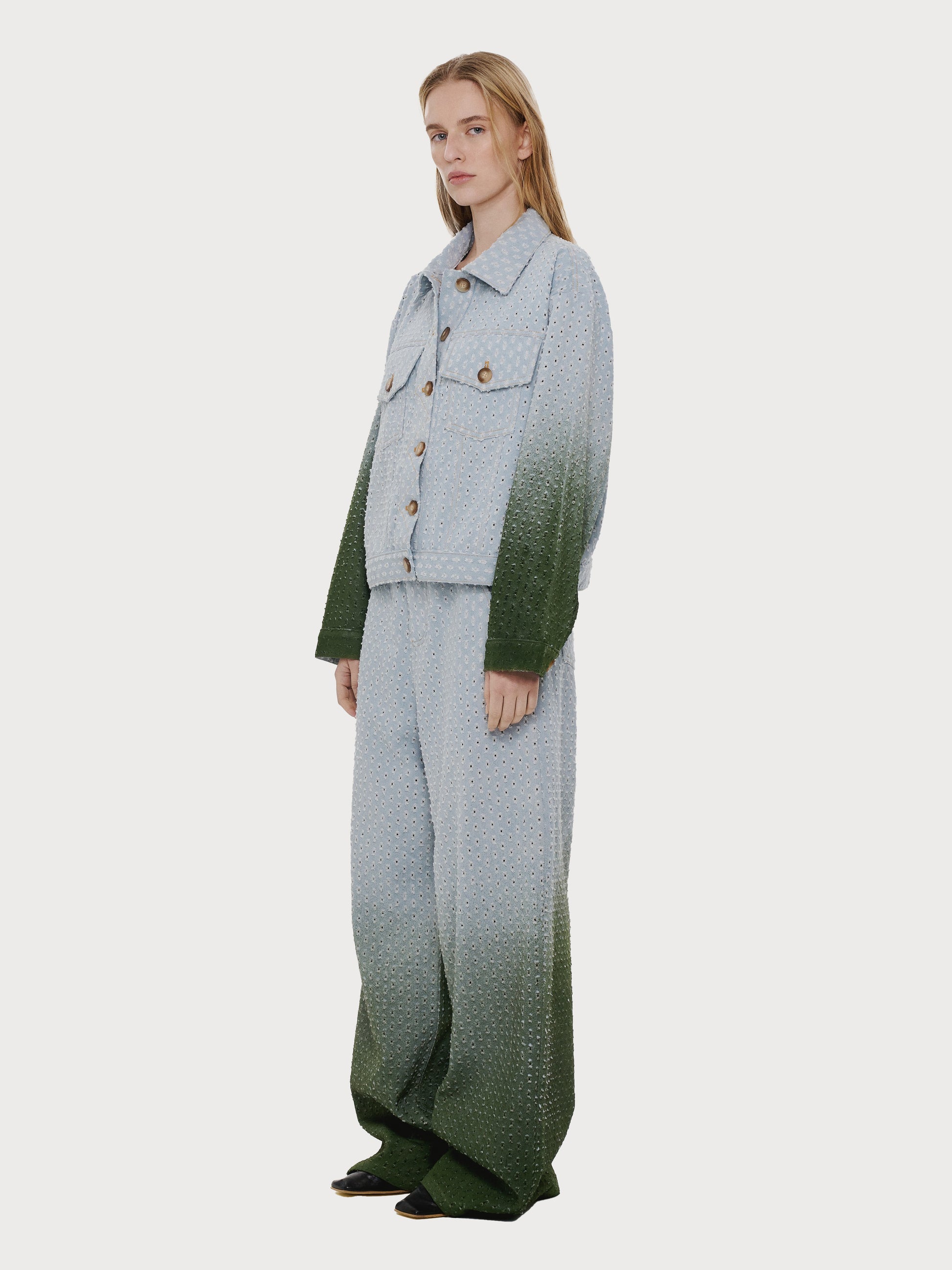 Buy Perforated Denim Jacket with Green Gradient – Outerwear by Ksenia Schnaider | Ethical & Sustainable Fashion