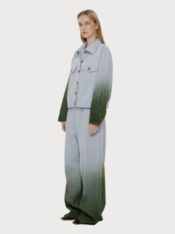 Buy Perforated Denim Jacket with Green Gradient – Outerwear by Ksenia Schnaider | Ethical & Sustainable Fashion
