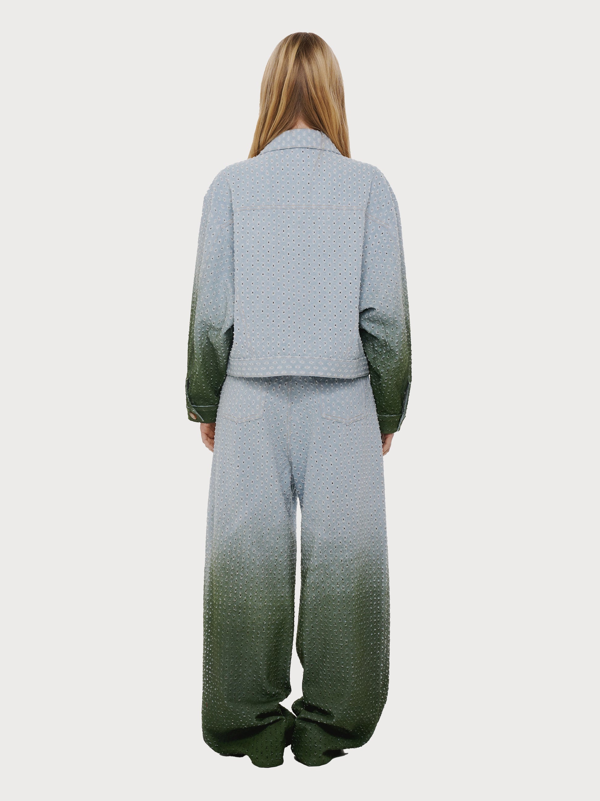 Buy Perforated Denim Jacket with Green Gradient – Outerwear by Ksenia Schnaider | Ethical & Sustainable Fashion