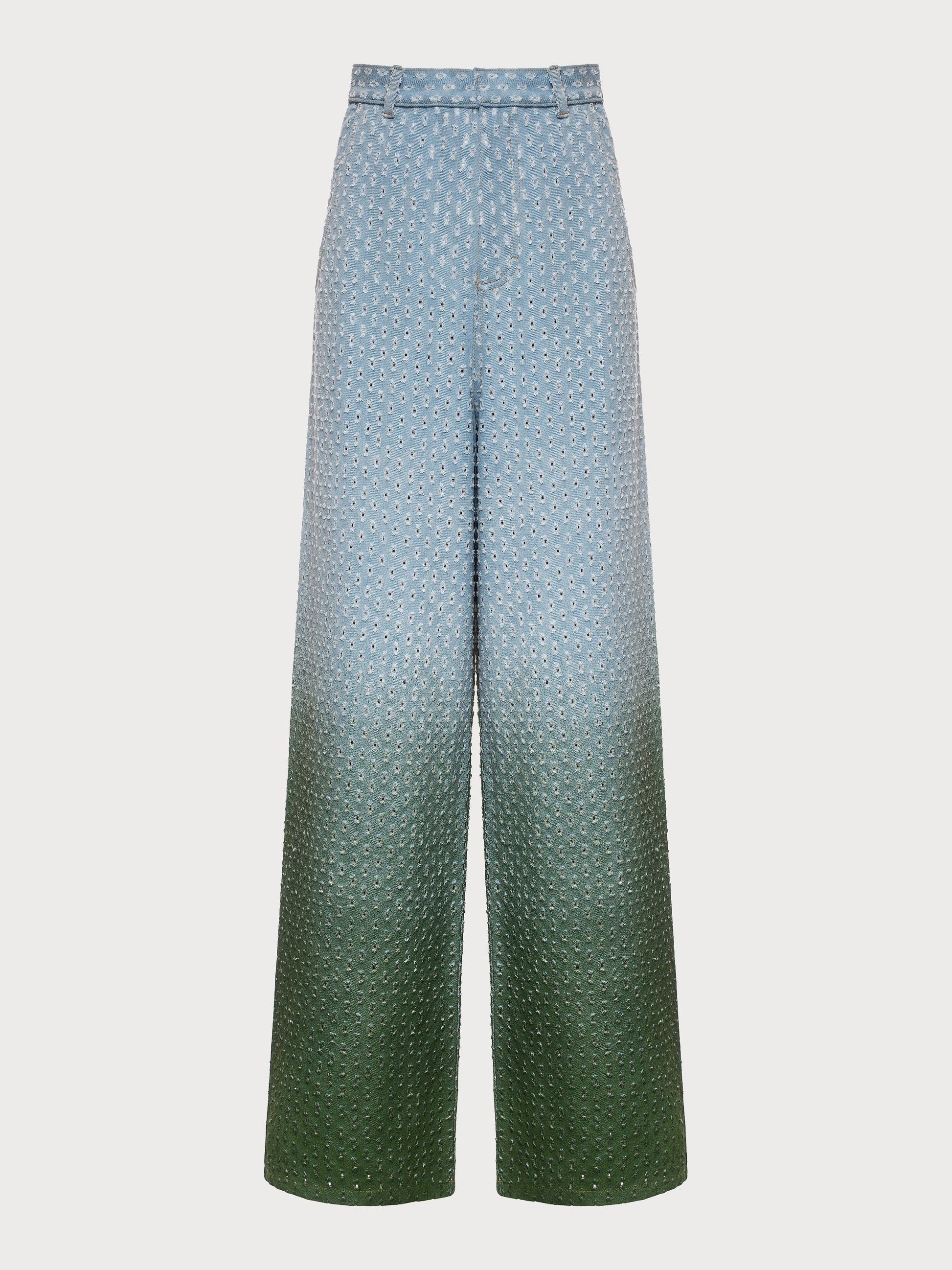 Buy Perforated Jeans with Green Gradient – Bottoms by Ksenia Schnaider | Ethical & Sustainable Fashion