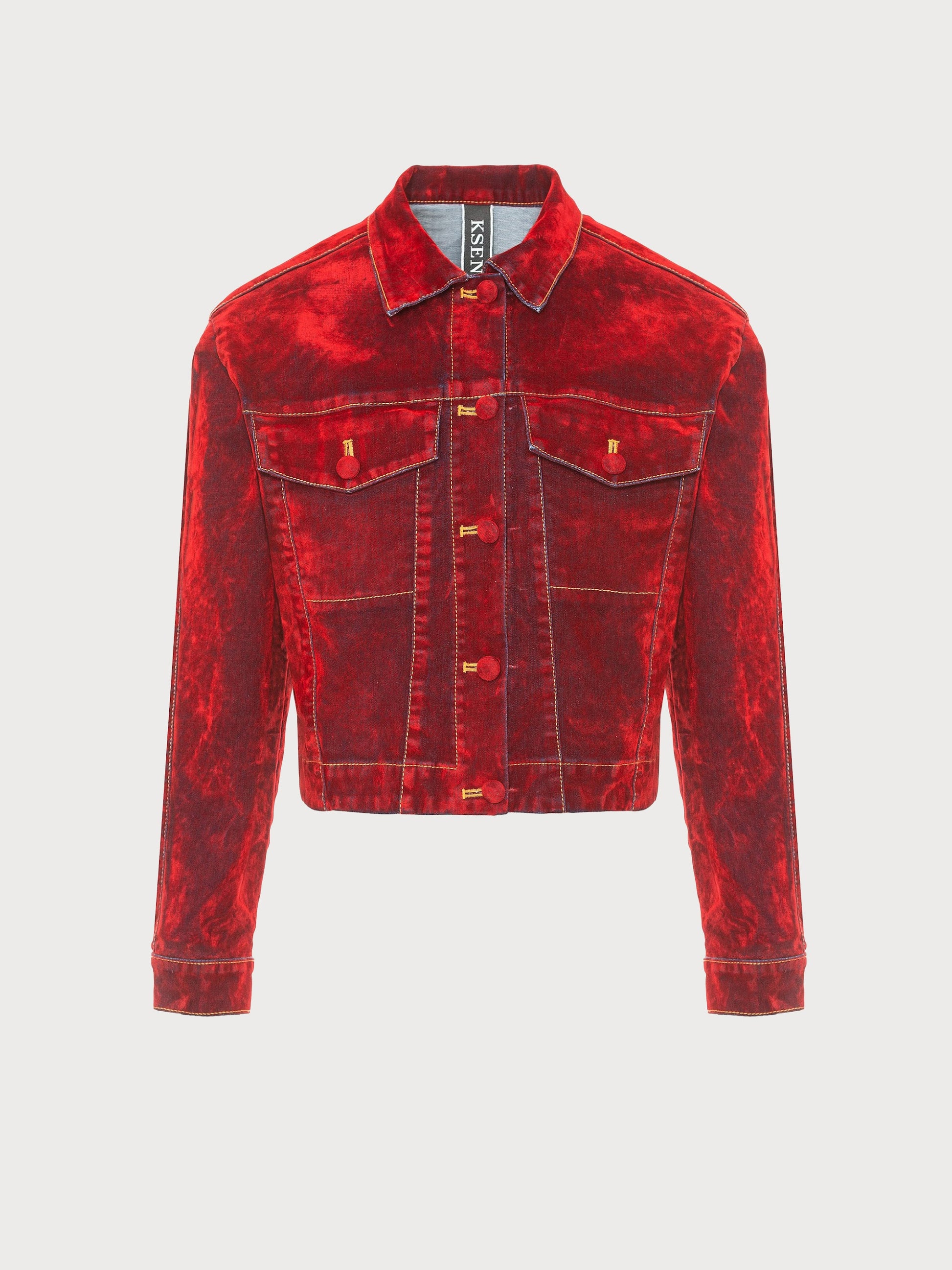 Buy Denim Jacket Covered in Red Velours – Outerwear by Ksenia Schnaider | Ethical & Sustainable Fashion