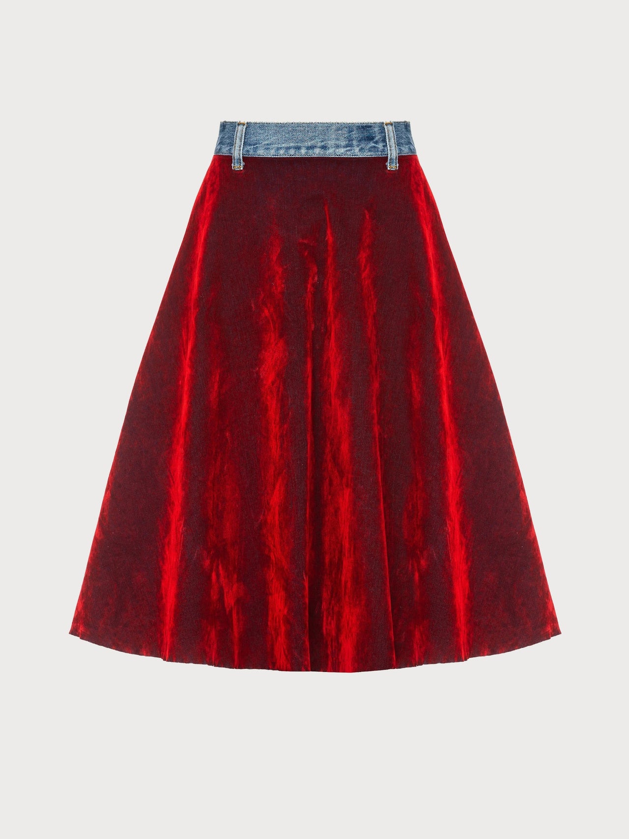 Buy Red Velours Skirt with Denim Back Part – Bottoms by Ksenia Schnaider | Ethical & Sustainable Fashion