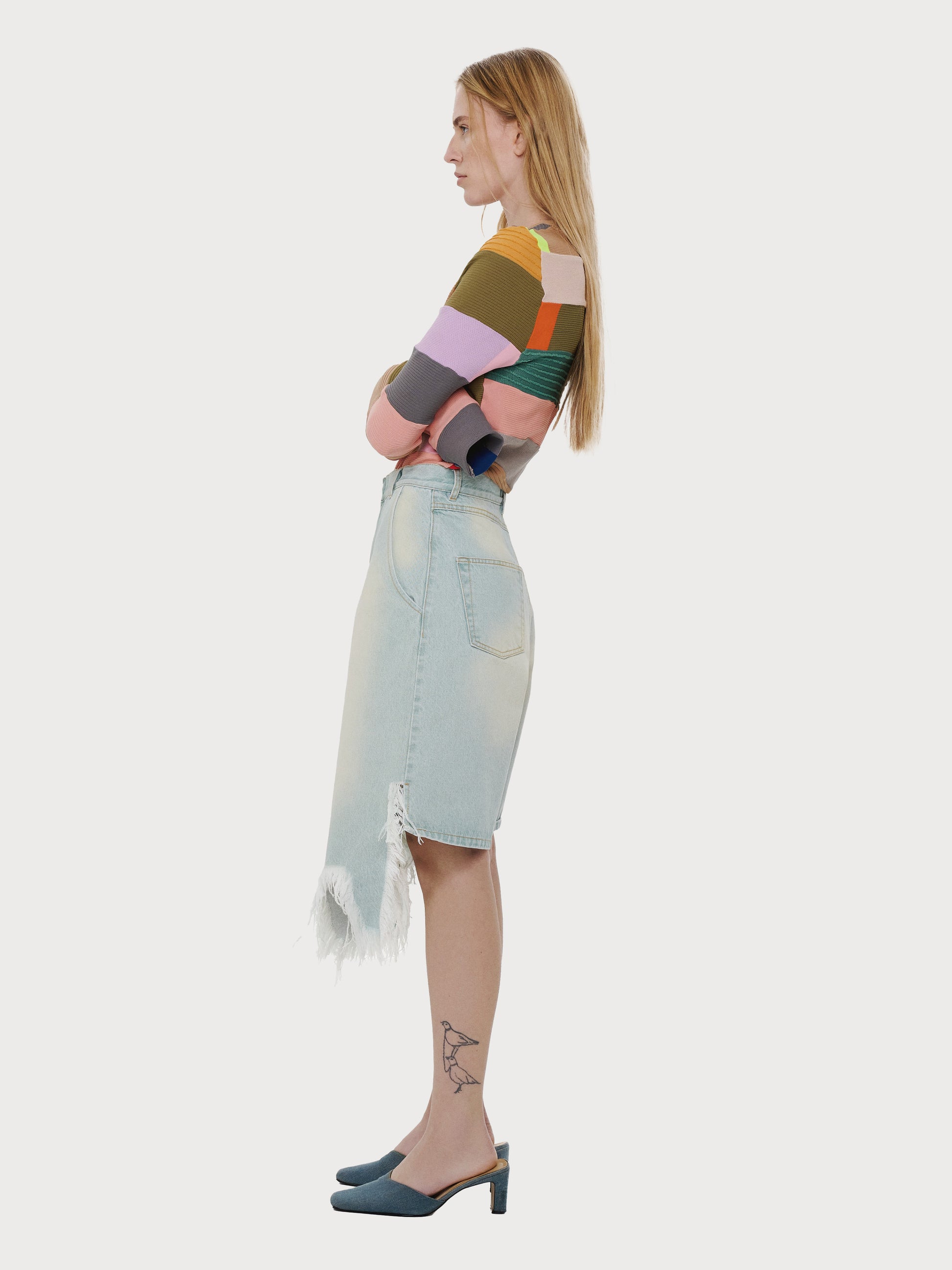 Buy Asymmetric Denim Shorts with Vintage Effect – Bottoms by Ksenia Schnaider | Ethical & Sustainable Fashion