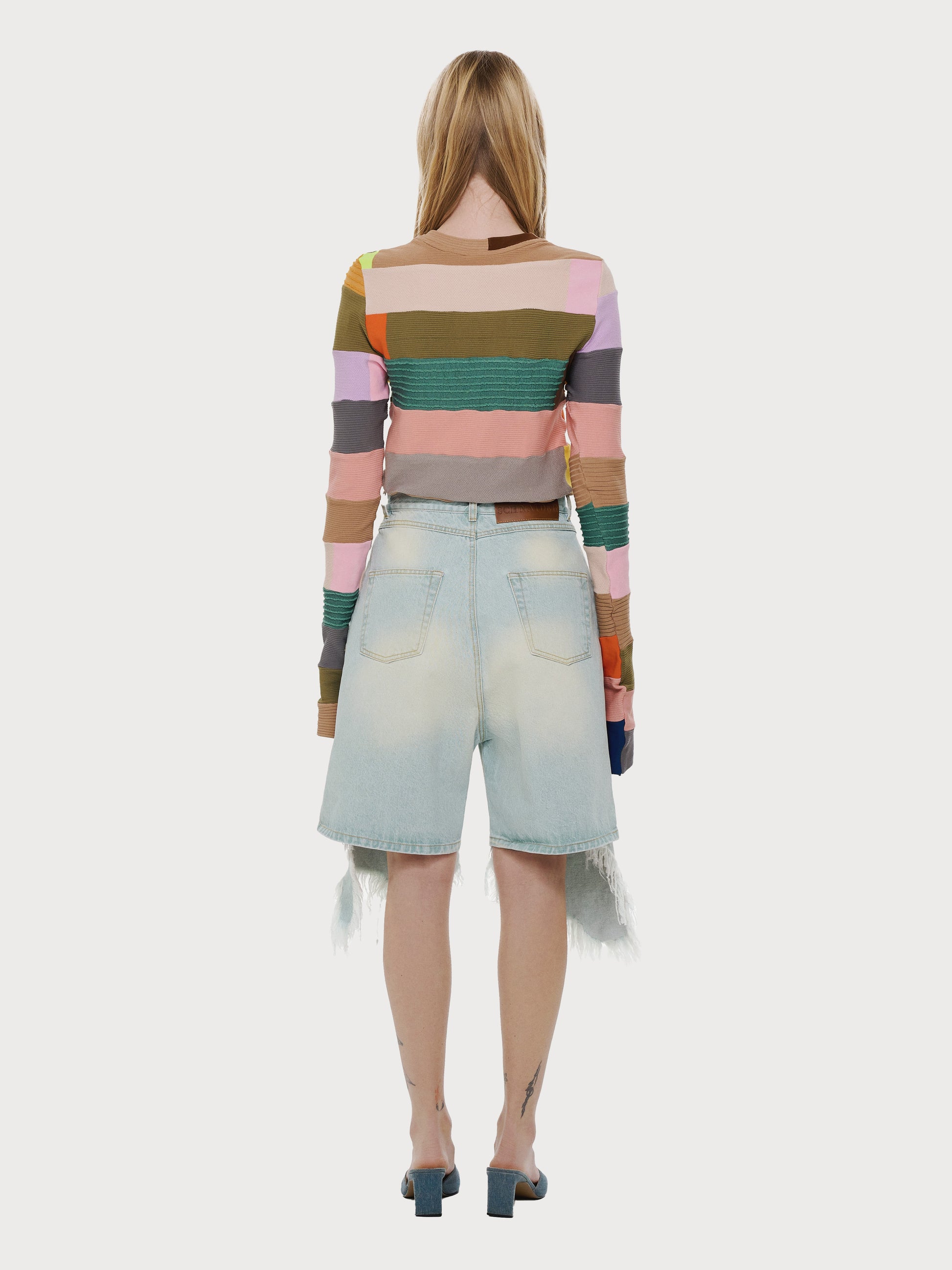 Buy Asymmetric Denim Shorts with Vintage Effect – Bottoms by Ksenia Schnaider | Ethical & Sustainable Fashion