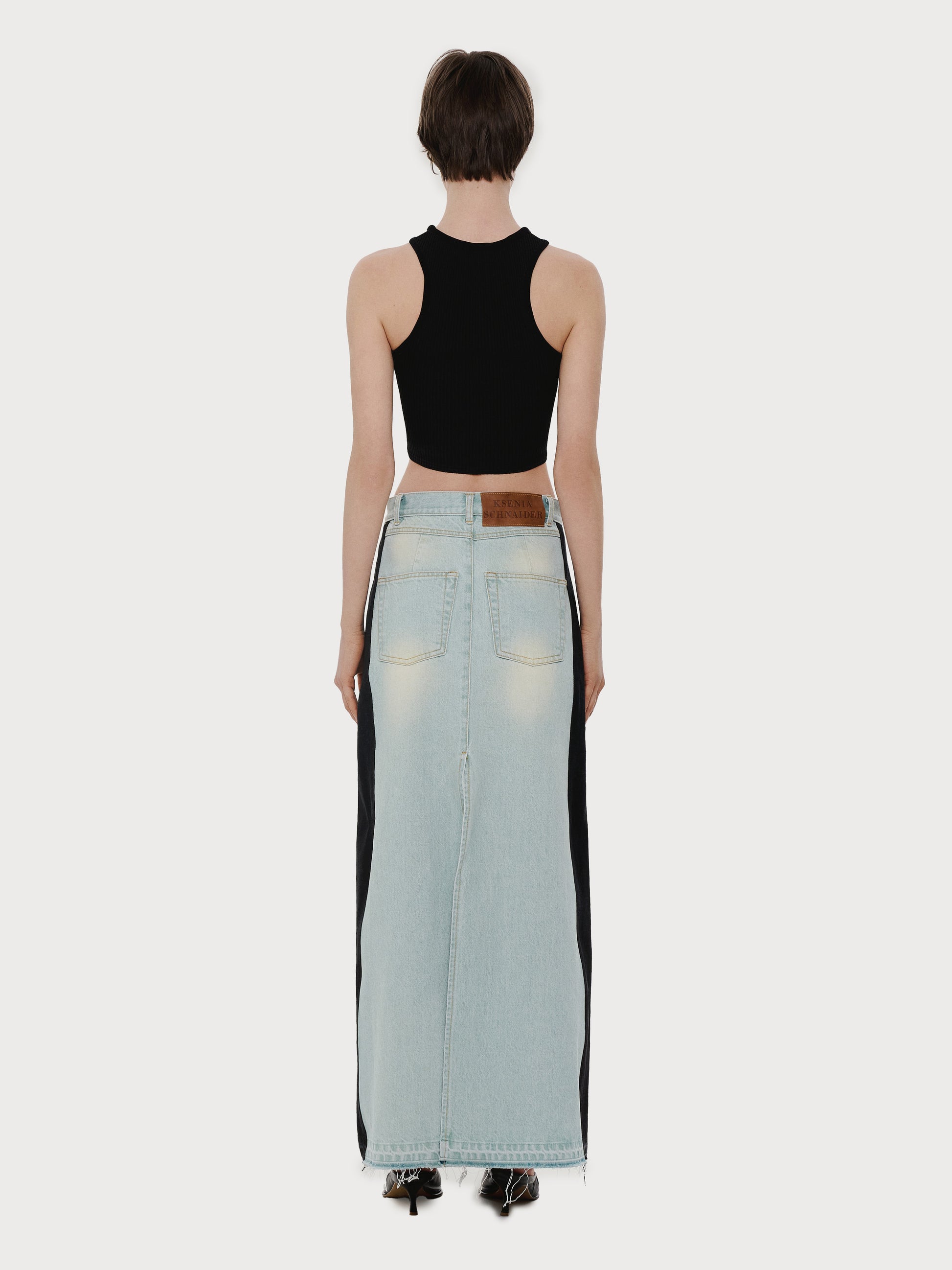 Buy Long Denim Skirt with Black Sides – Bottoms by Ksenia Schnaider | Ethical & Sustainable Fashion
