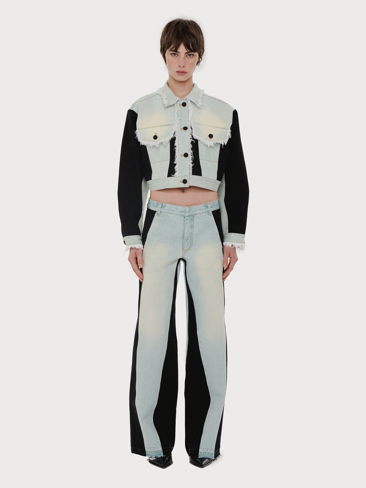 Buy Denim Jacket with Contrast Black Details – Outerwear by Ksenia Schnaider | Ethical & Sustainable Fashion