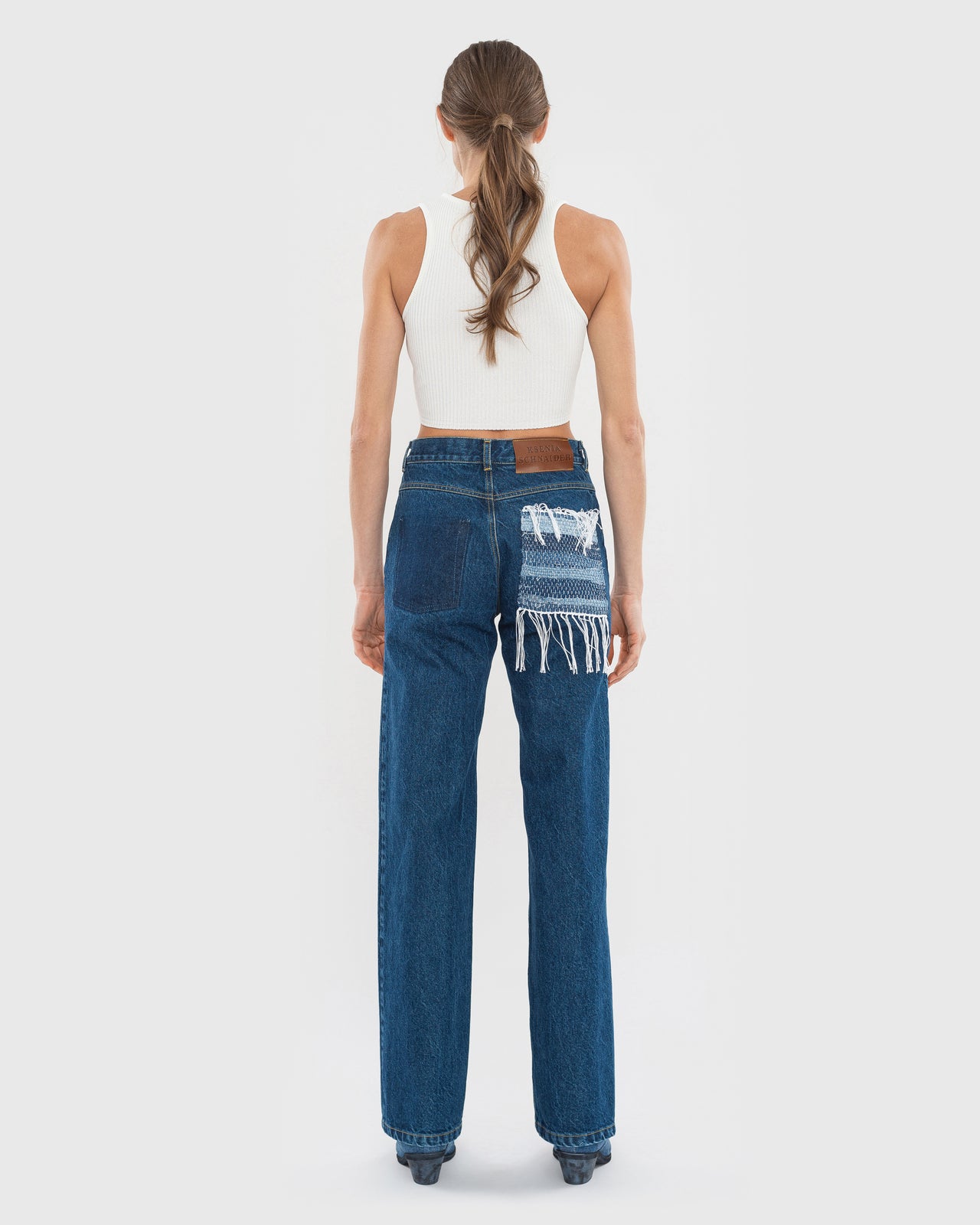 Buy Jeans with Denim Rug Detail – Bottoms by Ksenia Schnaider | Ethical & Sustainable Fashion