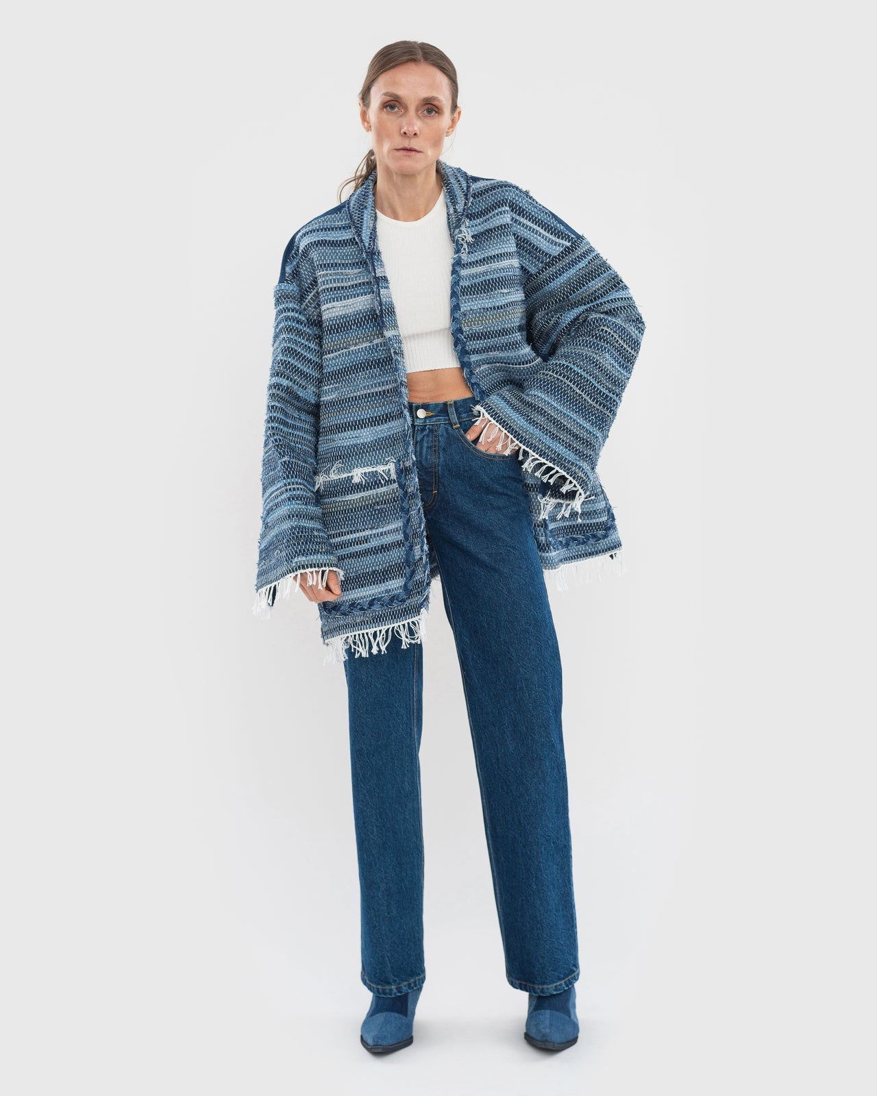 Buy Jeans with Denim Rug Detail – Bottoms by Ksenia Schnaider | Ethical & Sustainable Fashion