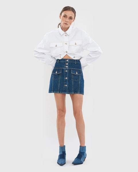 shéller front pocket denim mini skirt Facing Denim Mini Skirt - KSENIASCHNAIDER