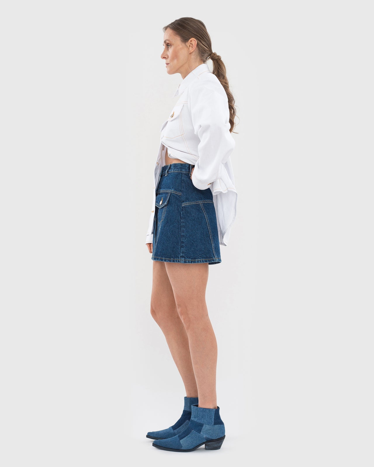 Buy Facing Denim Mini Skirt – Bottoms by Ksenia Schnaider | Ethical & Sustainable Fashion