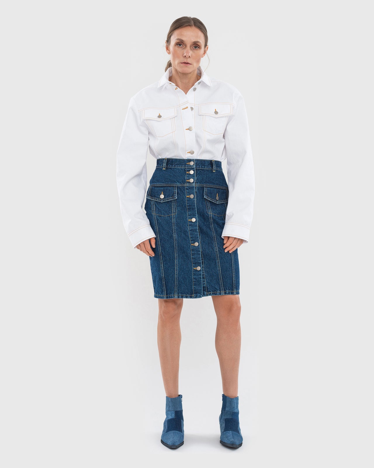 Buy Facing Denim Midi Skirt – Bottoms by Ksenia Schnaider | Ethical & Sustainable Fashion