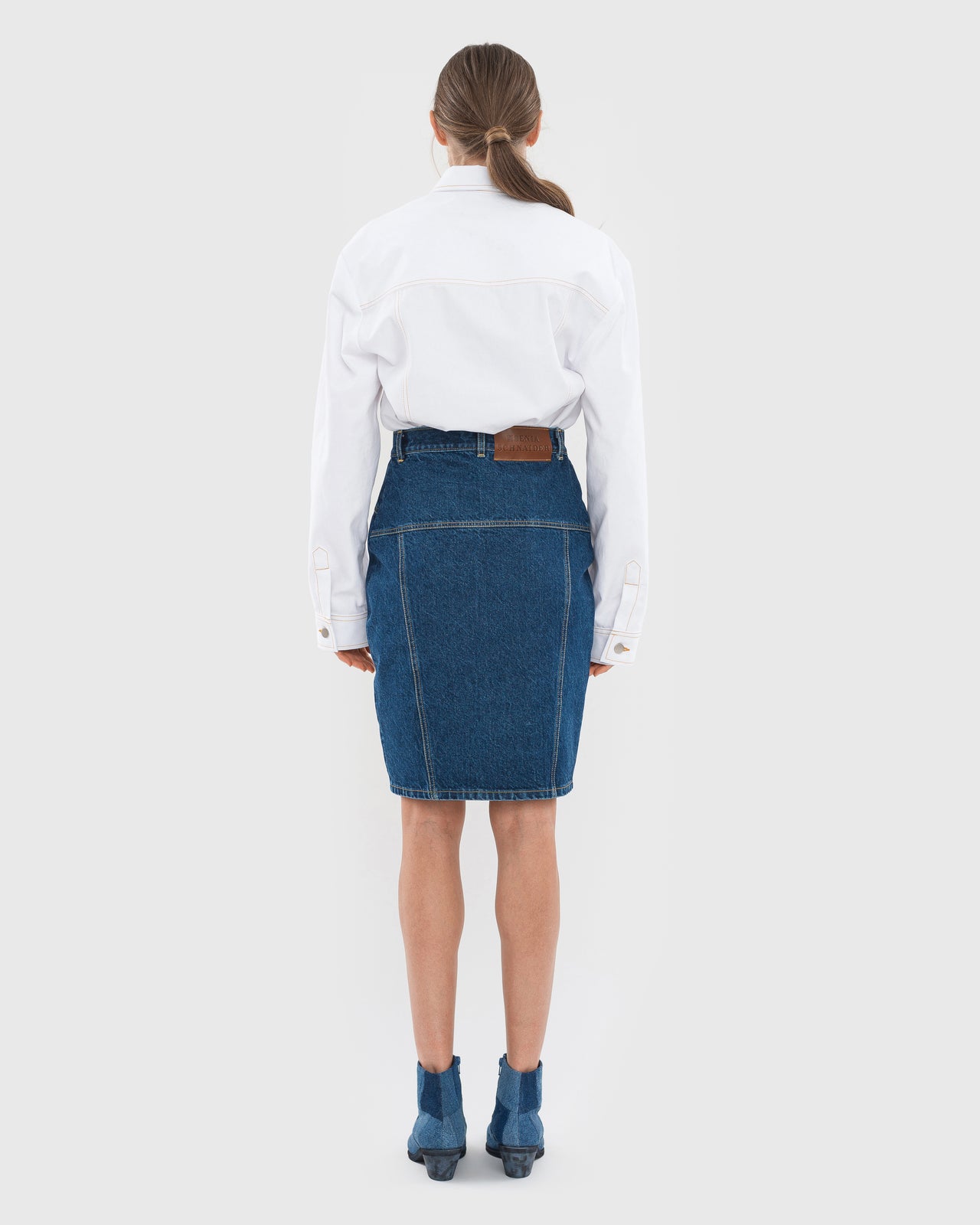 Buy Facing Denim Midi Skirt – Bottoms by Ksenia Schnaider | Ethical & Sustainable Fashion
