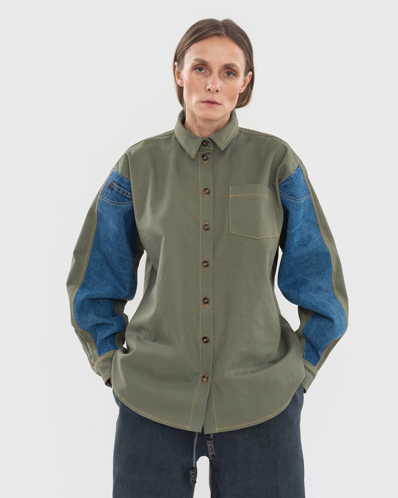 Buy Shirt with Reworked Denim Details – Tops by Ksenia Schnaider | Ethical & Sustainable Fashion