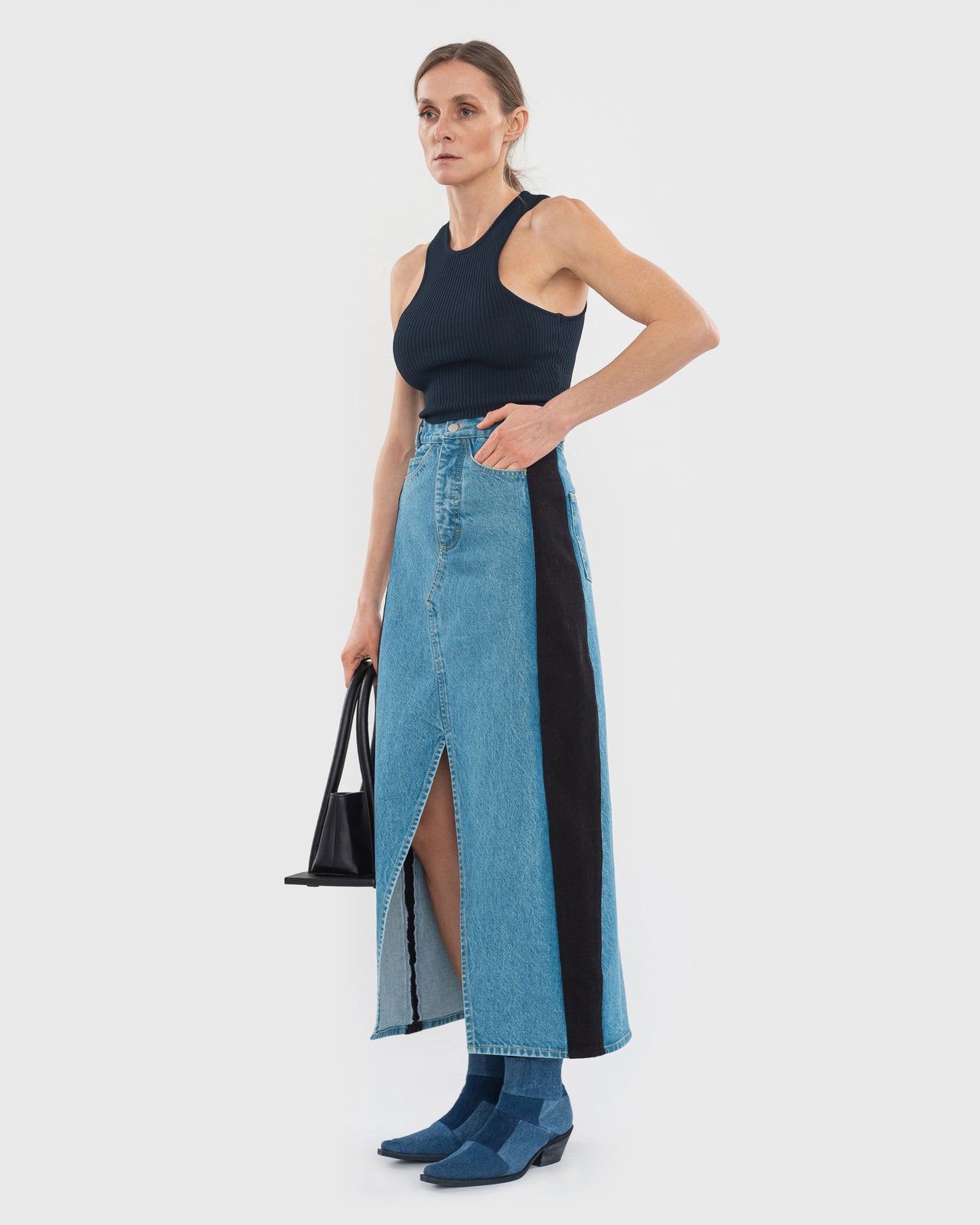 Buy Denim Maxi Skirt with Contrast Side Lines – Bottoms by Ksenia Schnaider | Ethical & Sustainable Fashion