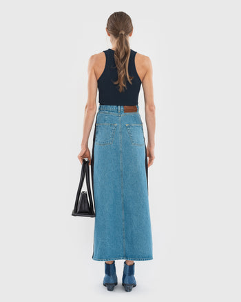 Denim Maxi Skirt with Contrast Side Lines