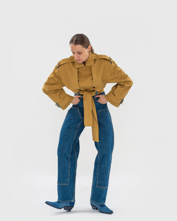 Reworked Trench Jacket with Denim Back Detail