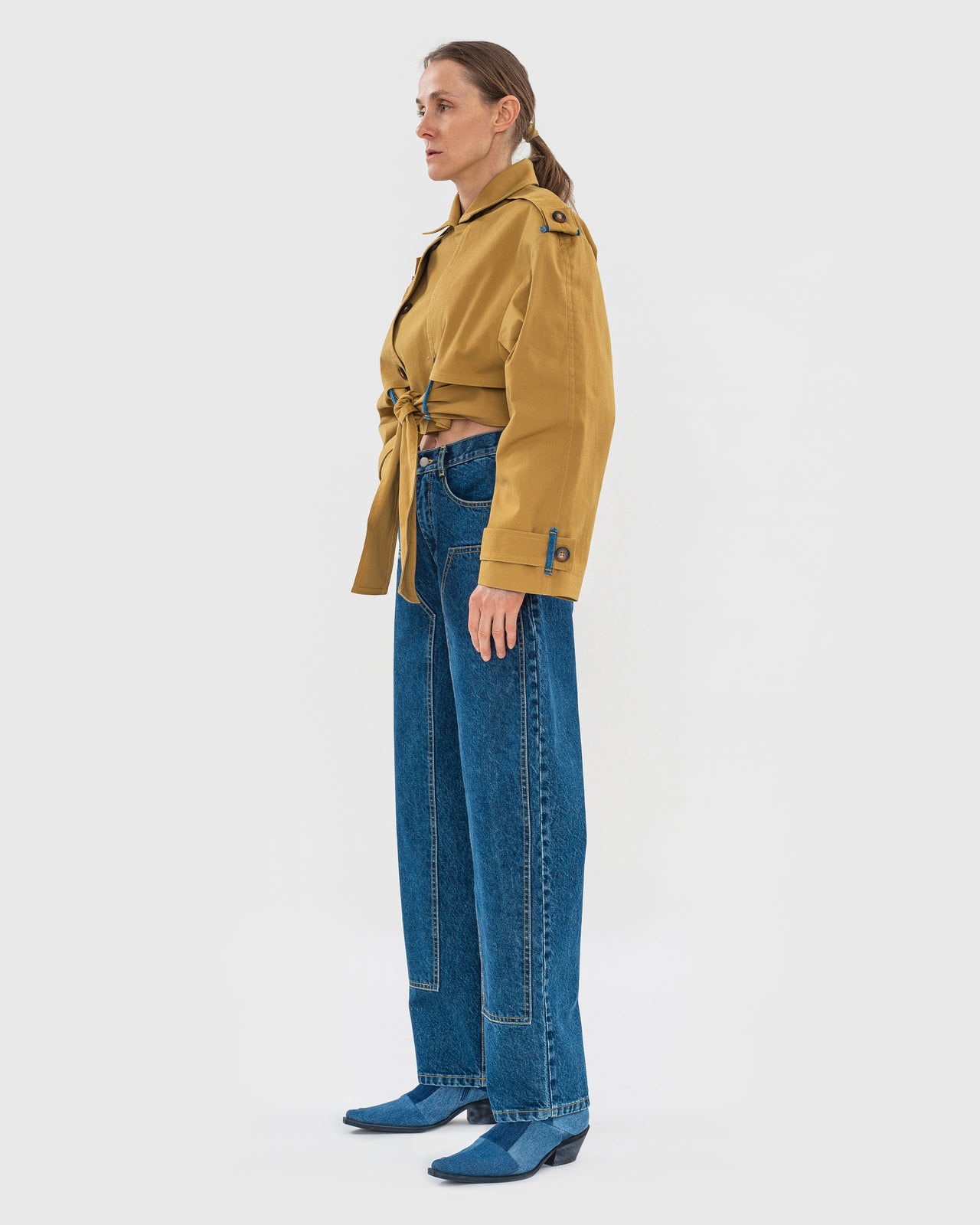 Buy Reworked Trench Jacket with Denim Back Detail – Outerwear by Ksenia Schnaider | Ethical & Sustainable Fashion