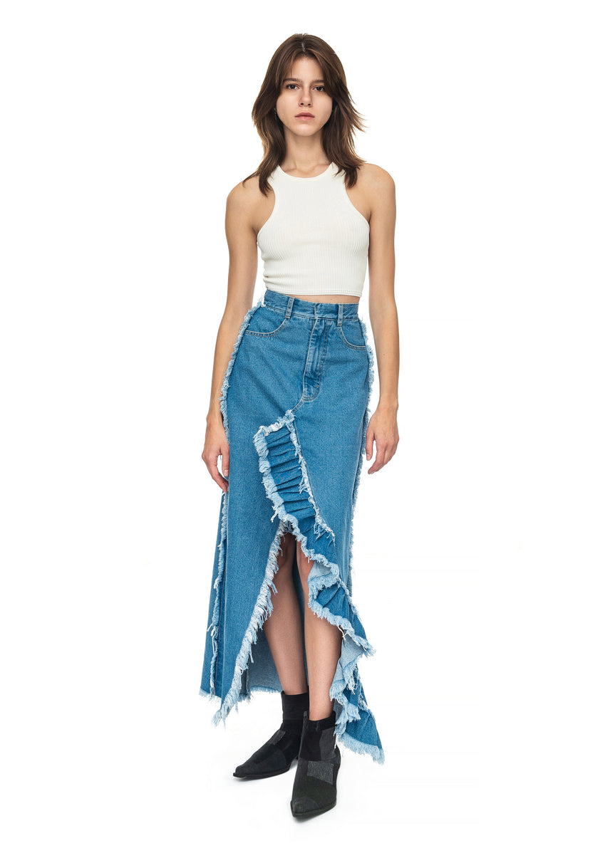 Denim ruffle midi online skirt