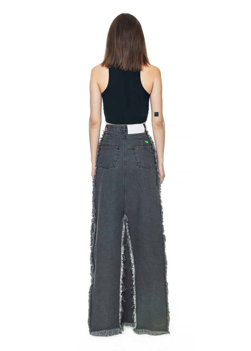Denim Maxi Skirt with Fringed Details image