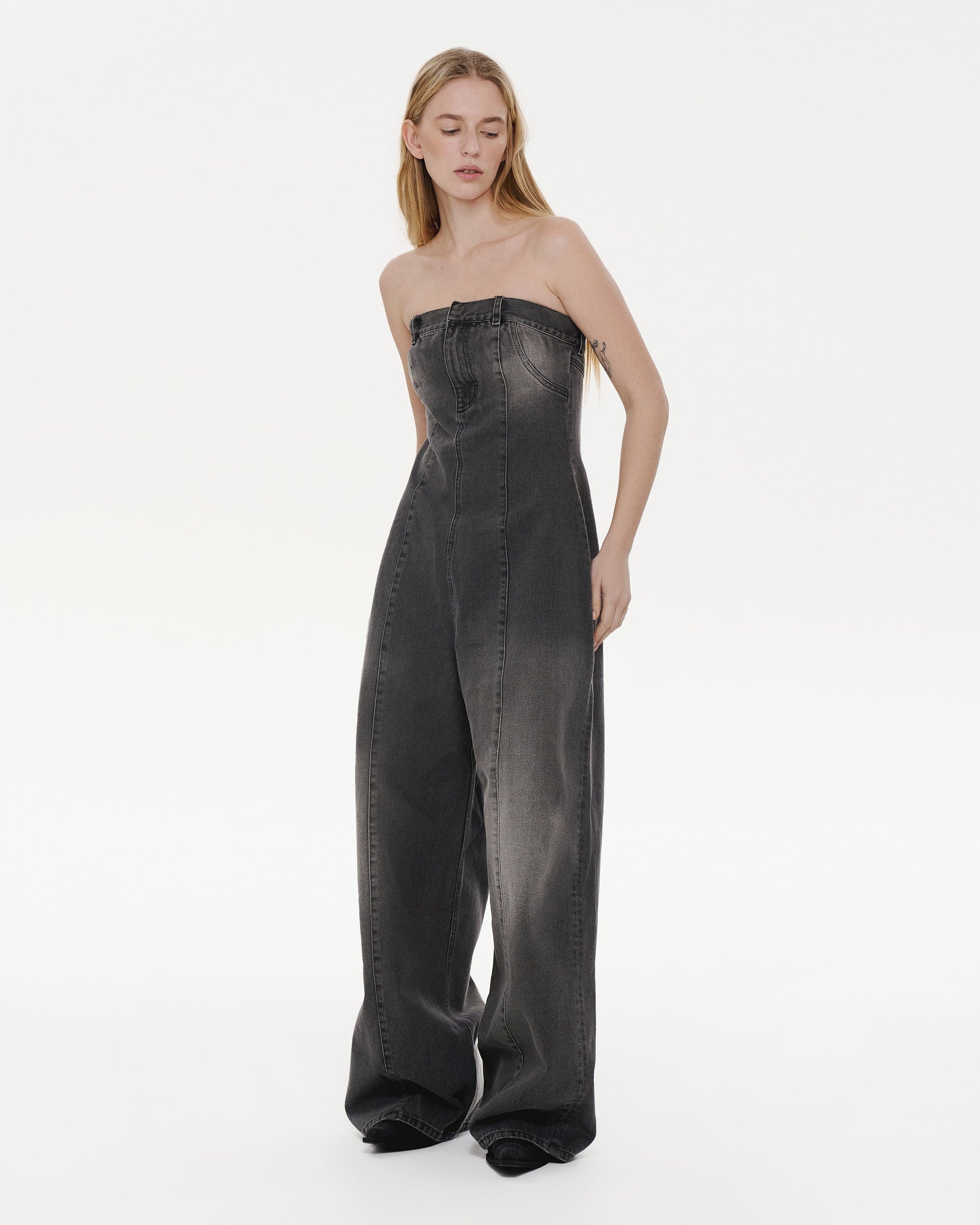Buy Grey Denim Overall with Rust Wash – Bottoms by Ksenia Schnaider | Ethical & Sustainable Fashion